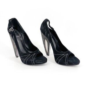 Christian Dior Vintage Crystal Charm Pump Size 38.5 US 8.5 Black Suede High Heel